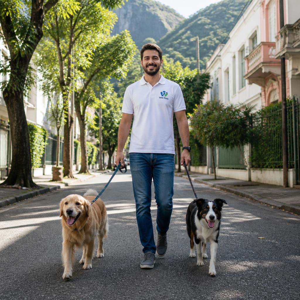 Funcionário da WM Pets passeando com dois cães em uma rua arborizada da Tijuca, no Rio de Janeiro